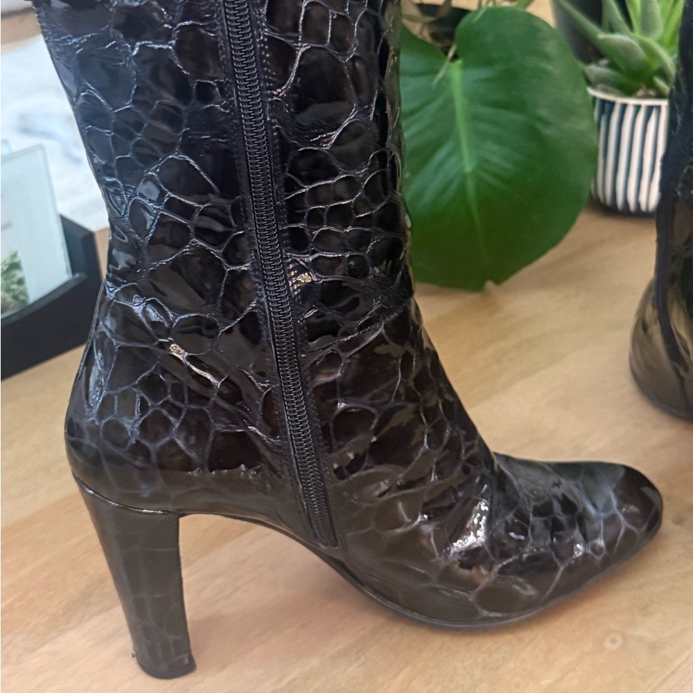Stuart Weitzman Black Patent Croc-Embossed High Heel Boots - Picture 3 of 8